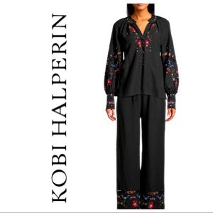 Joni Halperin Black Embroidered Boho Style Farrah Blouse Size L NWT